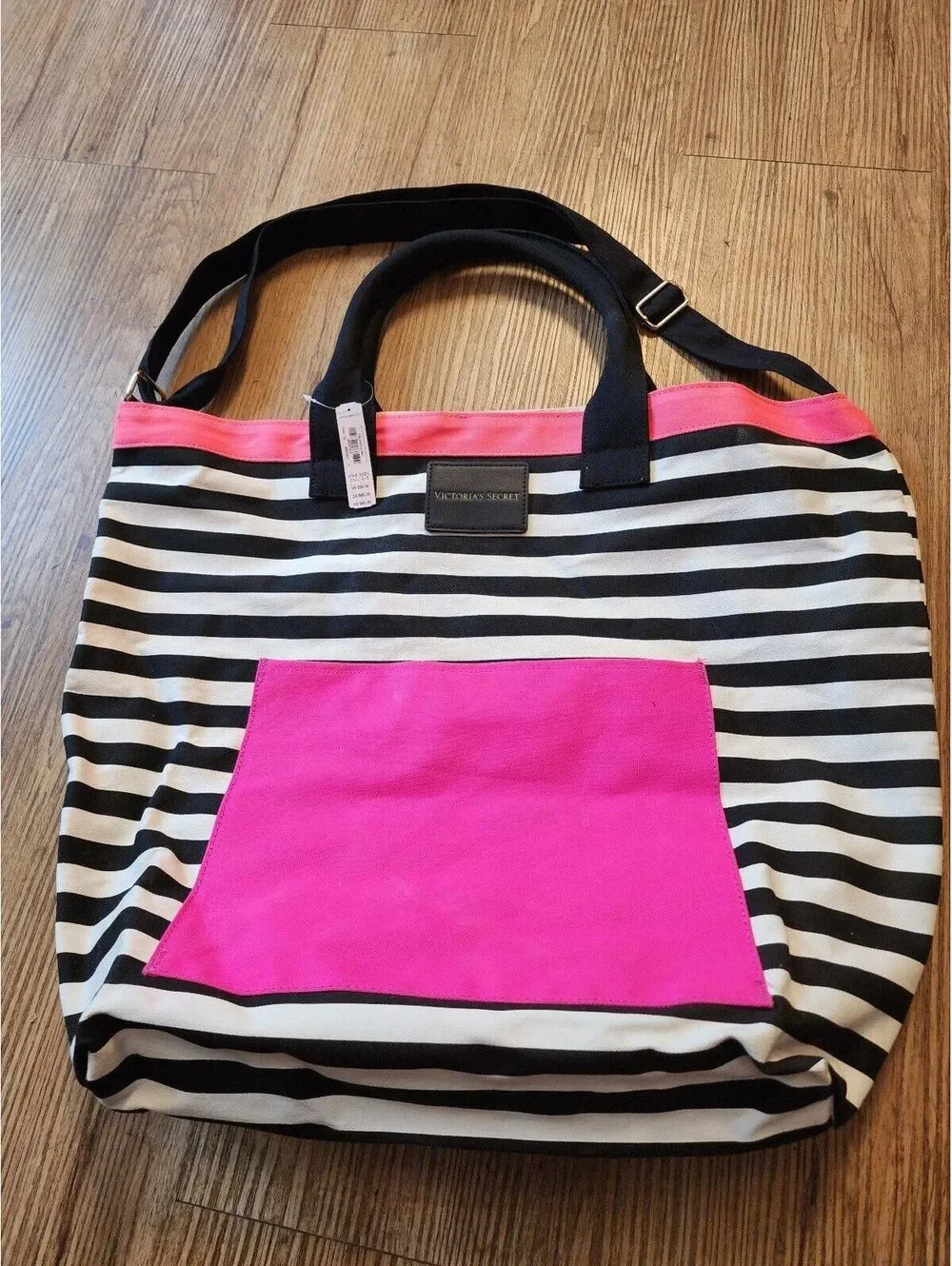 Victoria's Secret Black and White Striped Tote Bag with Pink Accents and Front P